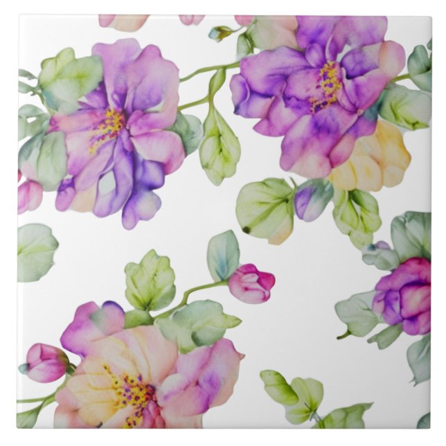Elegant purple pink watercolor florals tile (Front)
