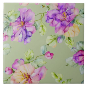 Elegant purple pink watercolor florals tile