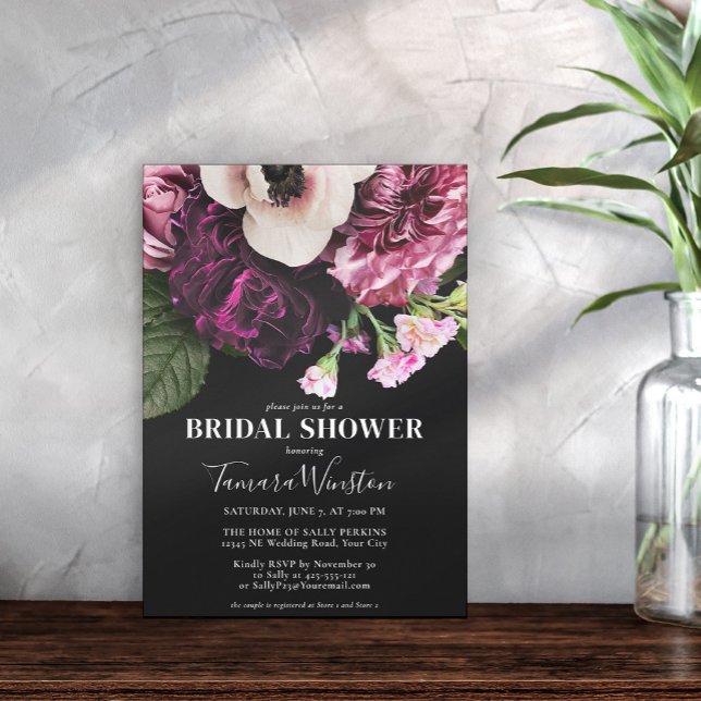 Elegant Purple Pink White Floral Black Shower Invitation (Creator Uploaded)
