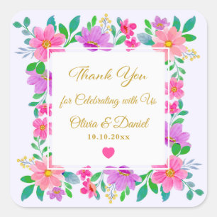 Elegant Purple Pink Wildflower Thank You Wedding Square Sticker