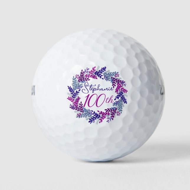 Elegant Purple Pink Wreath 100th Birthday Golf Balls (Front)