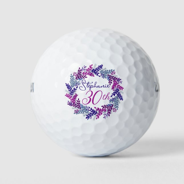 Elegant Purple Pink Wreath 30th Birthday Golf Balls (Front)