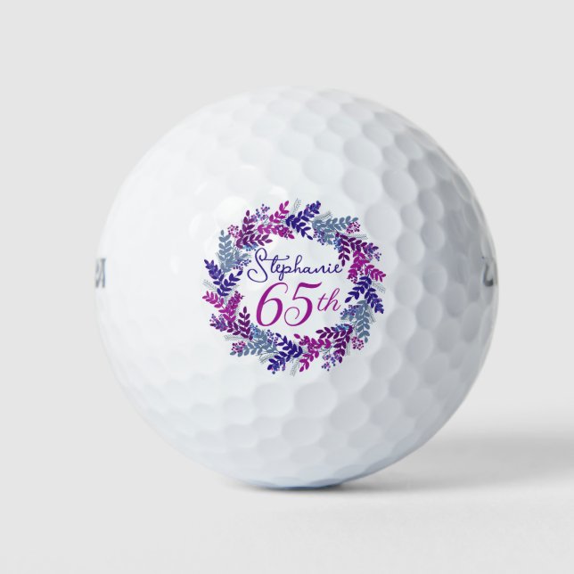 Elegant Purple Pink Wreath 65th Birthday Golf Balls (Front)