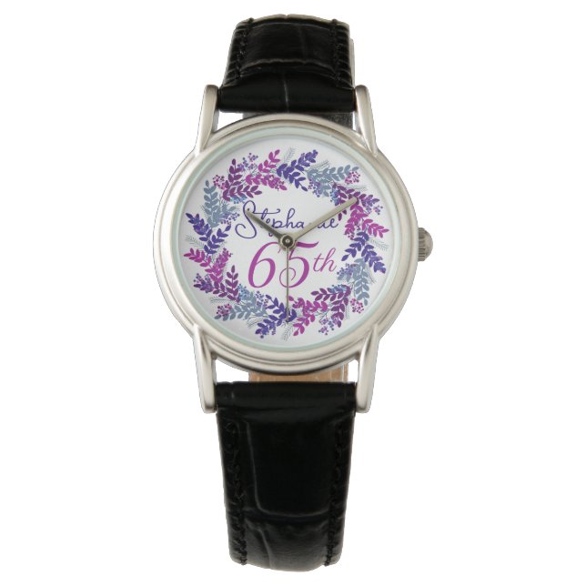 Elegant Purple Pink Wreath 65th Birthday Watch (Front)