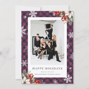Elegant Purple Plaid Botanical Photo Business Holiday Card