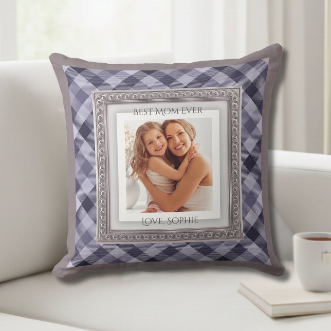 Elegant Purple Plaid Mother Photo Keepsake Throw Pillow (For the mom who loves classic home decor style and precious memories)