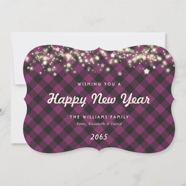Elegant Purple Plaid New Year Card (Front)