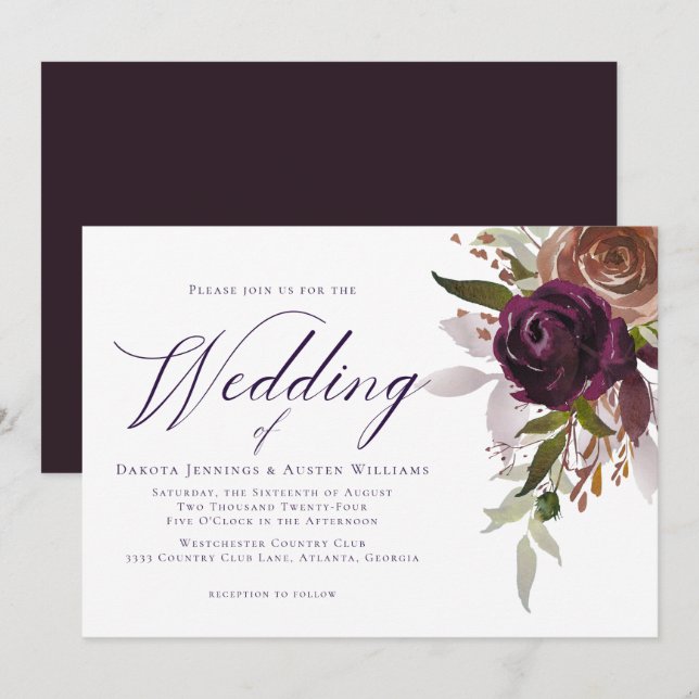 Elegant Purple Plum Floral Chic Script Wedding Invitation (Front/Back)