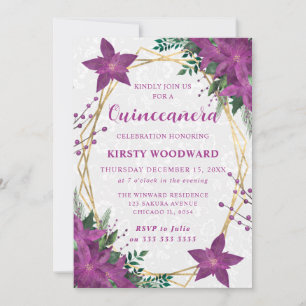 Elegant Purple Poinsettia Winter Quinceanera Invitation
