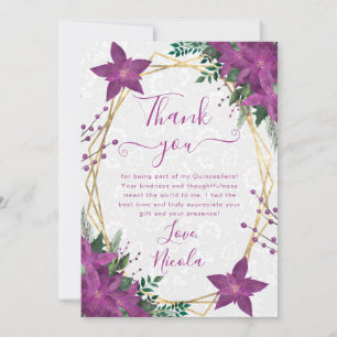 Elegant Purple Poinsettia Winter Quinceanera Thank You Card
