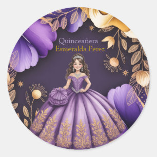 Elegant Purple Quinceañerañ Girl Illustration Classic Round Sticker