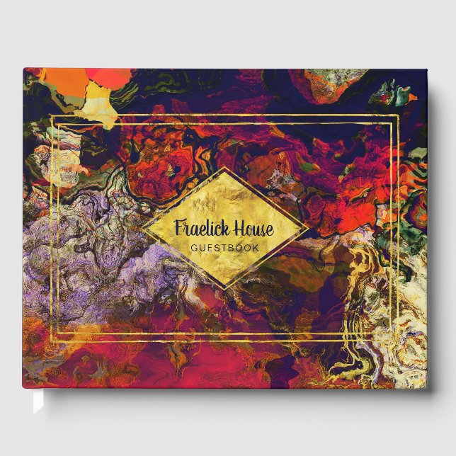 Elegant Purple Red Abstract with Faux Gold Accents Guest Book (Front)