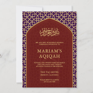 Elegant Purple Red Gold Islamic Mihrab Aqiqah Invitation