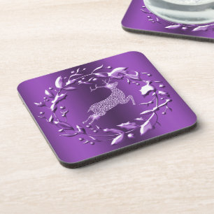 Elegant Purple Reindeer and Wreath Christmas Coaster