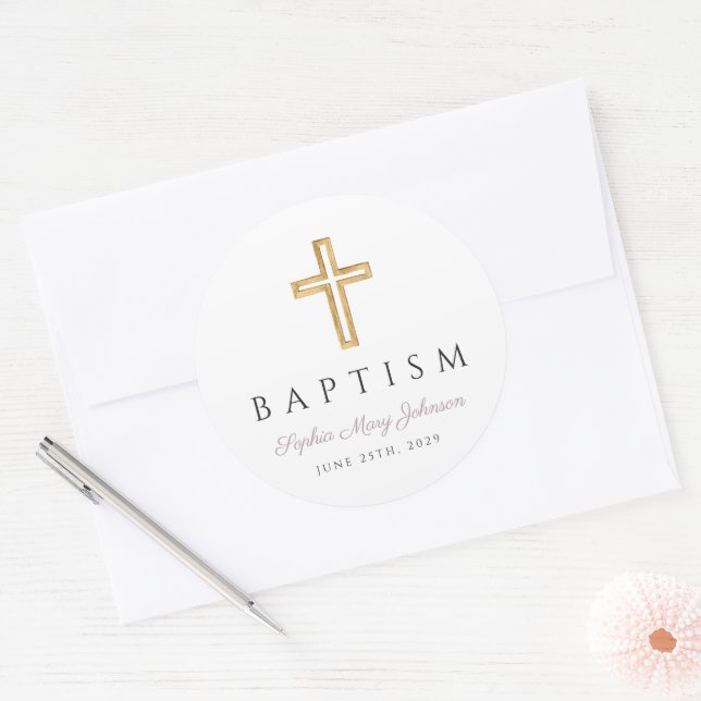 Elegant Purple Religious Cross Baptism Classic Round Sticker (Envelope)