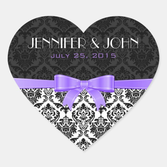 Elegant Purple Ribbon Black And White Damask Heart Sticker (Front)