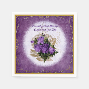Elegant Purple Rose Bouquet Gold Ornamental Border Napkin