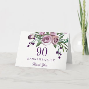 Elegant Purple Rose Floral 90th Birthday Thank You Card