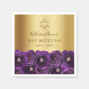 Elegant Purple Rose Floral Gold Bat Mitzvah Napkin