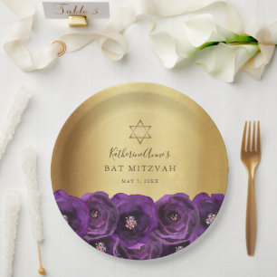 Elegant Purple Rose Floral Gold Bat Mitzvah Paper Plate