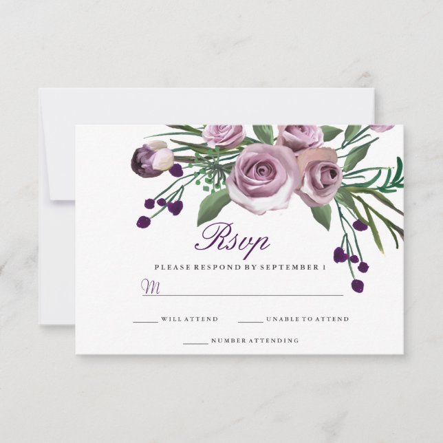 Elegant Purple Rose Floral Wedding RSVP Card (Front)