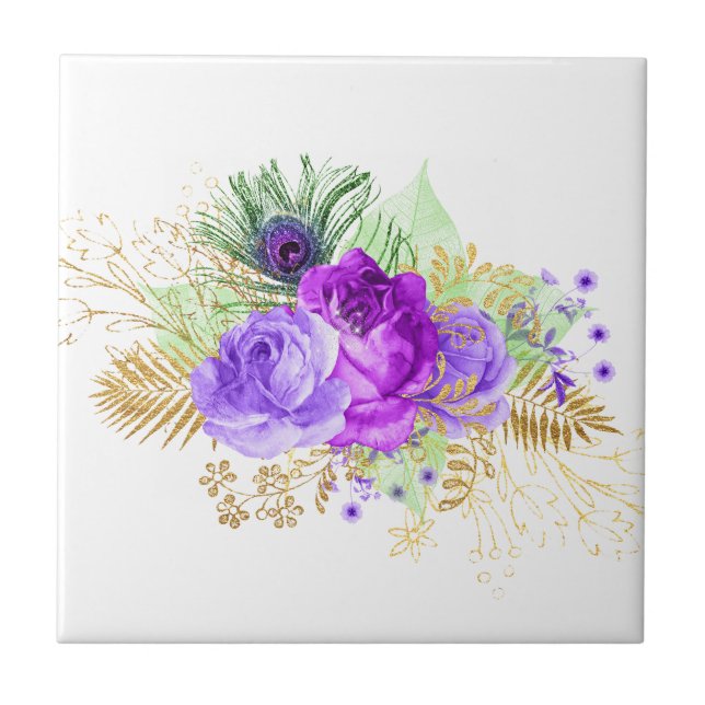 Elegant Purple Rose Flower Gold Leaves Floral Tile (Front)