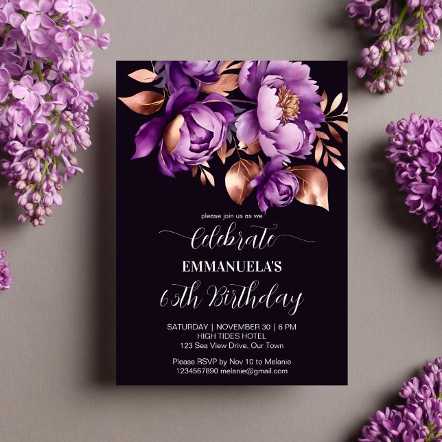 Elegant purple rose gold floral birthday template (Elegant purple rose gold peony floral birthday party editable template invitation digital download )
