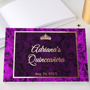 Elegant Purple Rose Gold Floral Quinceanera Guest Book