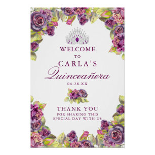 Elegant Purple Rose Quinceanera Welcome Sign