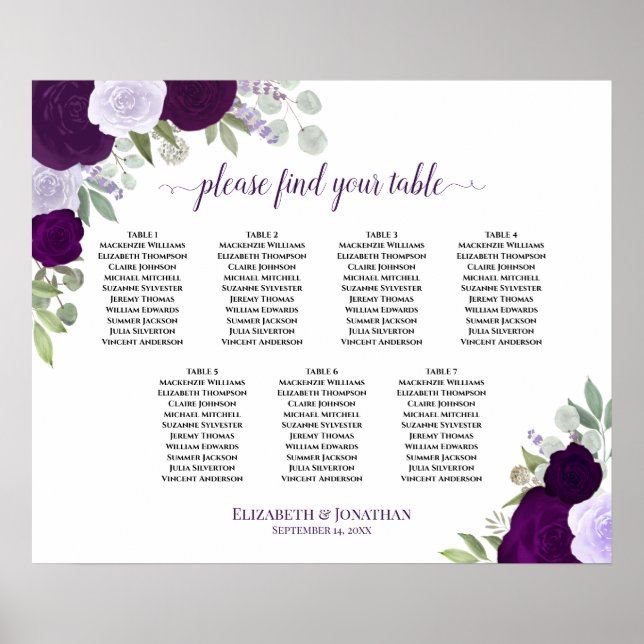Elegant Purple Roses 7 Table Wedding Seating Chart (Front)