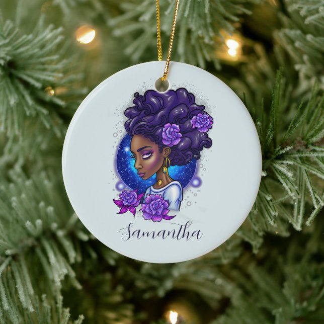 Elegant Purple Roses Afro Woman Ceramic Ornament (Tree)