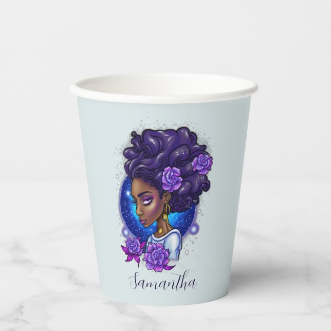 Elegant Purple Roses Afro Woman Paper Cups (Front)