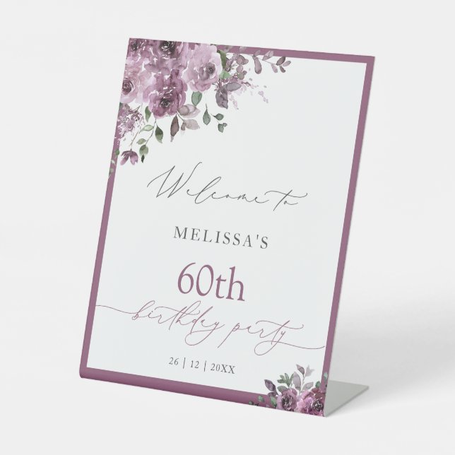Elegant Purple Roses Any Age Birthday Welcome Pedestal Sign (Front)