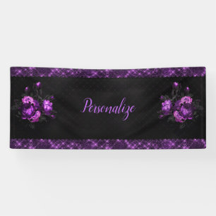Elegant Purple Roses & Border on Black Personalize Banner