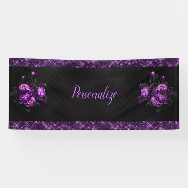 Elegant Purple Roses & Border on Black Personalize Banner (Horizontal)