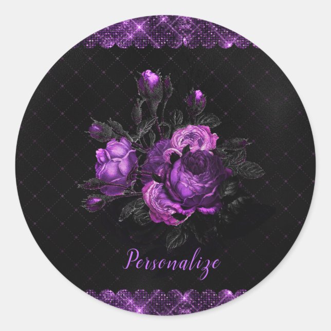 Elegant Purple Roses & Border on Black Personalize Classic Round Sticker (Front)
