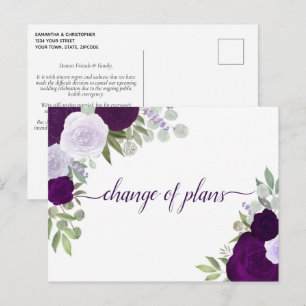 Elegant Purple Roses Change of Wedding Plans Announcement Postcard