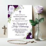 Elegant Purple Roses Modern Catholic Wedding Invitation<br><div class="desc">This beautiful wedding invitation is perfect for a modern Catholic ceremony. It features a rustic boho chic design with elegant script lettering and hand painted watercolor roses in shades of dusty purple, plum, and lavender. Includes a cross or crucifix, and wording inviting your guests to attend a nuptial mass uniting...</div>