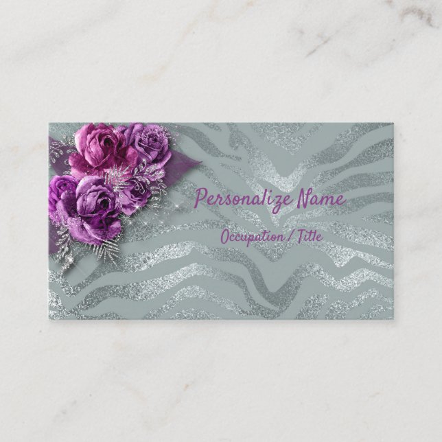 Elegant Purple Roses on Silver Glitter Pattern Business Card (Front)