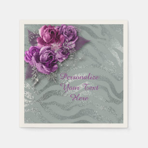 Elegant Purple Roses Silver Glitter Personalize Napkin