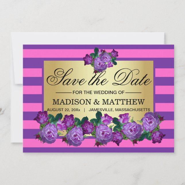 Elegant Purple Roses & Stripes Save the Date Card (Front)