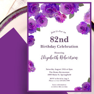 Elegant Purple Roses Women's Custom 82nd Birthday Invitation