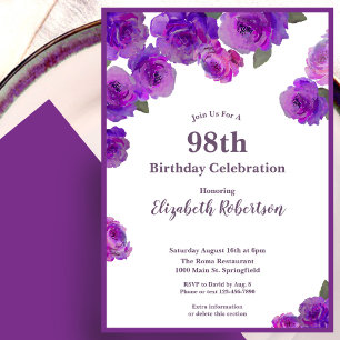 Elegant Purple Roses Women's Custom 98th Birthday Invitation