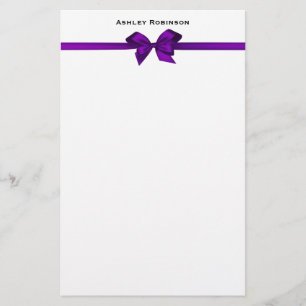 Elegant Purple Satin Bow on White Stationery
