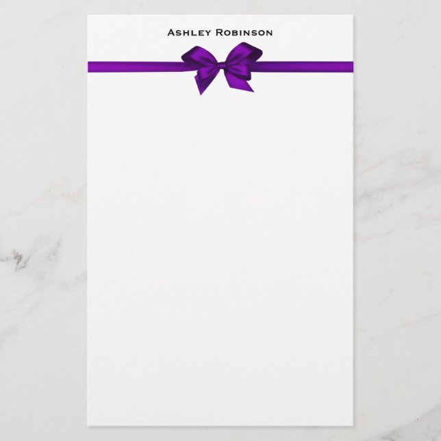Elegant Purple Satin Bow on White Stationery (Front)