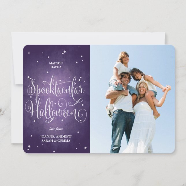 Elegant Purple Script Halloween Photo Card (Front)