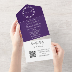 Elegant Purple Script Unique Modern RSVP QR Code All In One Invitation