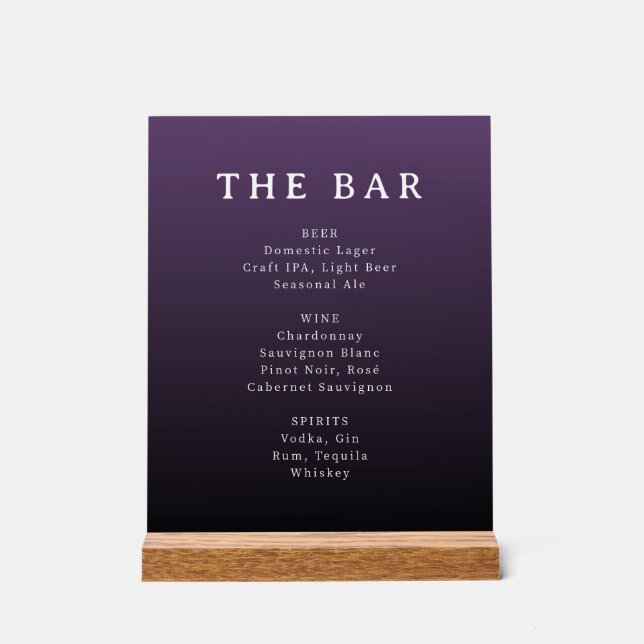 Elegant Purple Serif Bar Menu Sign (Front)