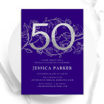 Elegant Purple Silver 50th Birthday Invitation<br><div class="desc">Elegant purple silver 50th birthday party invitation. Customizable modern feminine design featuring roses botanical accents and faux glitter silver. Simple floral invite card perfect for a stylish female bday celebration. Personalize with your own details. Printed Zazzle invitations or instant download digital printable template.</div>