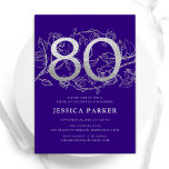 Elegant Purple Silver 80th Birthday Invitation<br><div class="desc">Elegant purple silver 80th birthday party invitation. Customizable modern feminine design featuring roses botanical accents and faux glitter silver. Simple floral invite card perfect for a stylish female bday celebration. Personalize with your own details. Printed Zazzle invitations or instant download digital printable template.</div>